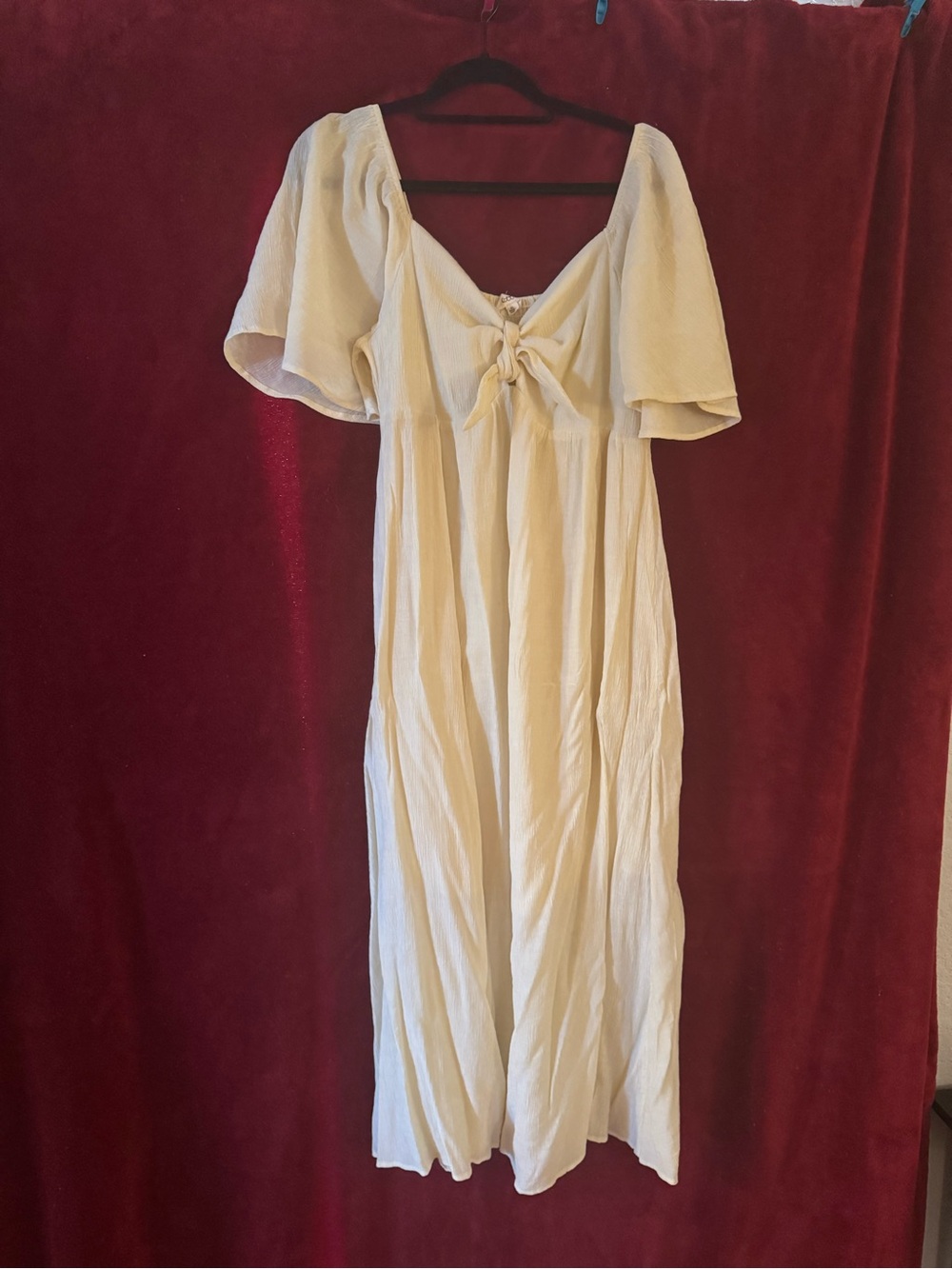 Pinkblush Cream Front Tie Ruffle Sleeve Maternity Midi Dress - Picture 3 of 4